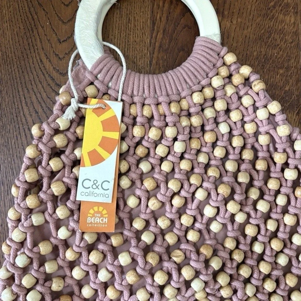 NWT C&C California‎ Macrame Purse Beaded Wooden Handle Boho Retro Bag
